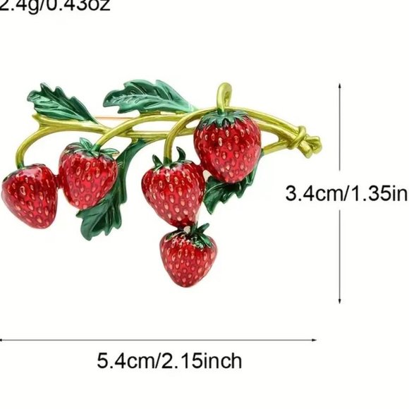 Strawberry Brooch Enamel Red Pin Stunning Vine Leaf Glam Stylish Vine Fruit Fun - Picture 4 of 4